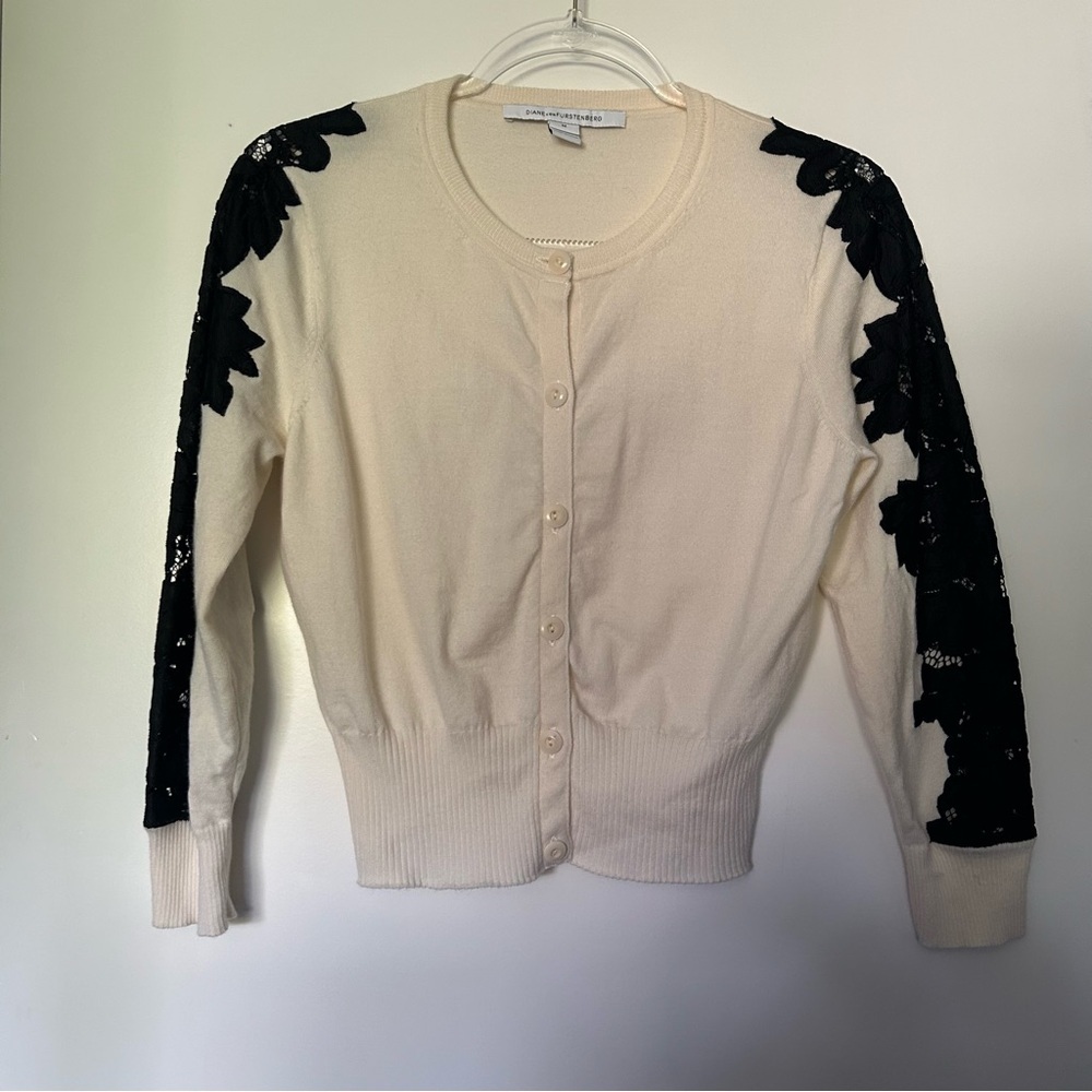 Diane von Furstenberg Cream Cardigan with Black Lace Sleeves